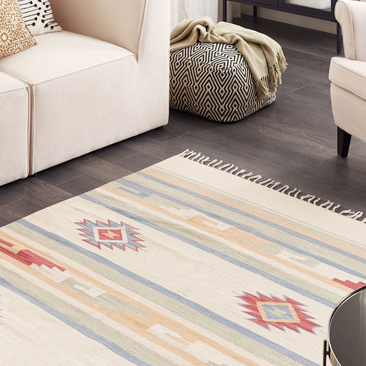 Klim Kilim Cotton Area Rug 140 x 200 Beige Brown Reversible Tassels