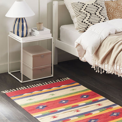 Klim Multicolour Cotton Kilim Area Rug 80 x 150cm Handwoven Tassels