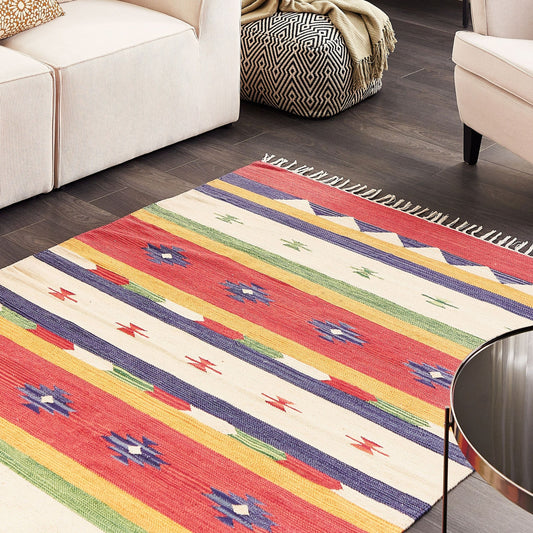 Klim Multicolour Cotton Area Rug 140 x 200 Handwoven Geometric Tassels