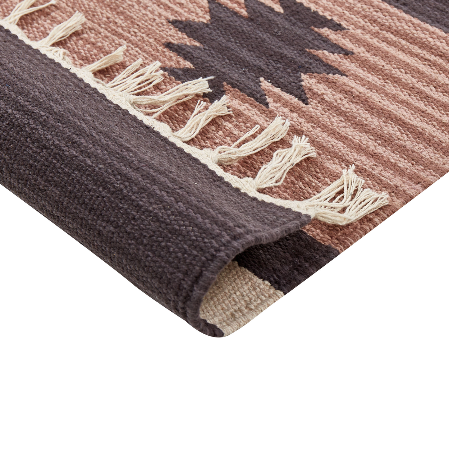Klim Area Rug Beige And Brown Cotton 80 X 300cm Handwoven Kilim Geometric Reversible Pattern Tassels