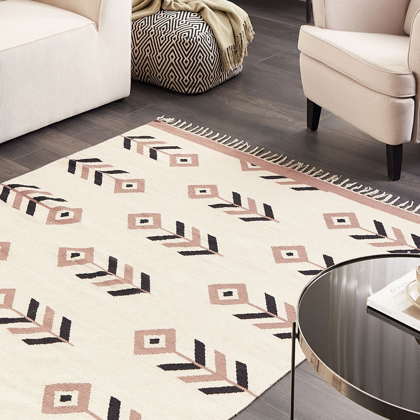 Kilim Area Rug Cotton 140 x 200cm Beige And Black Reversible Low Pile For Living Room