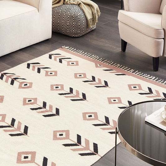 Kilim Area Rug Cotton 140 x 200cm Beige And Black Reversible Low Pile For Living Room