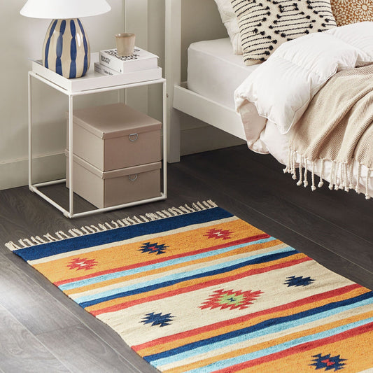 Kilim Area Rug Multicolour Cotton 80 x 150cm Handwoven Reversible Flat Weave With Tassels