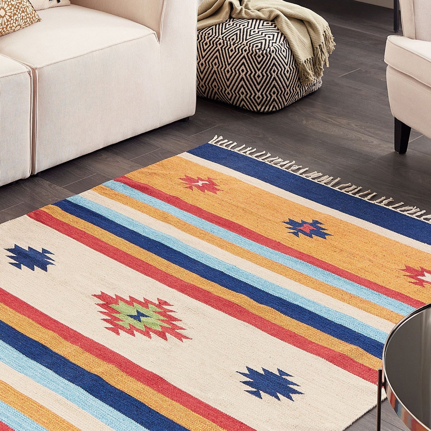 Kilim Area Rug Multicolor Cotton 140 X 200cm Handwoven Reversible Flat Weave Geometric Tassels