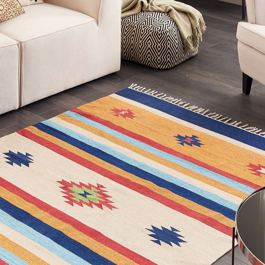 Kilim Area Rug Multicolor Cotton 140 X 200cm Handwoven Reversible Flat Weave Geometric Tassels
