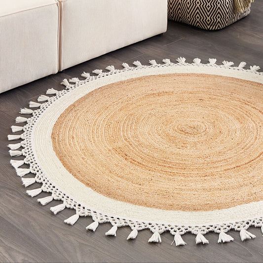Round Jute Rug 140cm Beige White Handwoven Braided Spiral