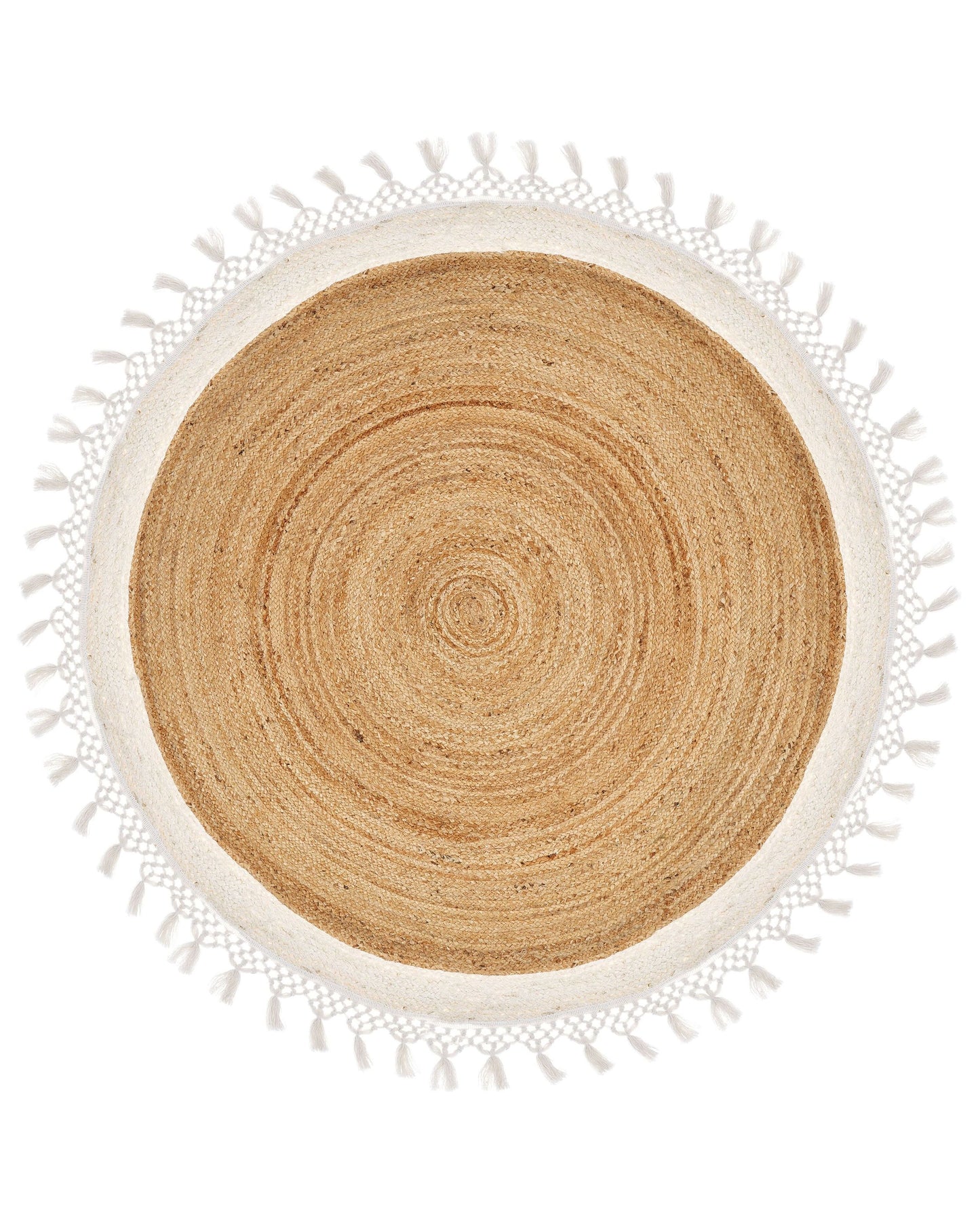 Round Jute Rug 140cm Beige White Handwoven Braided Spiral