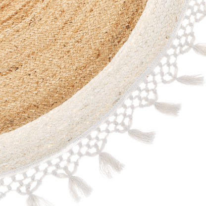 Round Jute Rug 140cm Beige White Handwoven Braided Spiral
