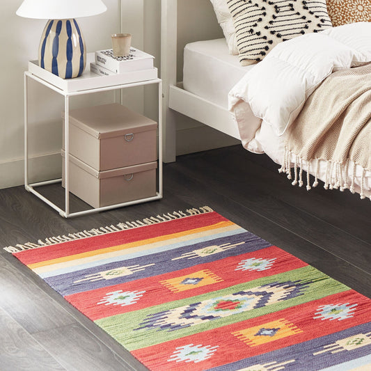 Kilim Handwoven Multicolour Cotton Rug 80 x 150cm Reversible Flat Weave