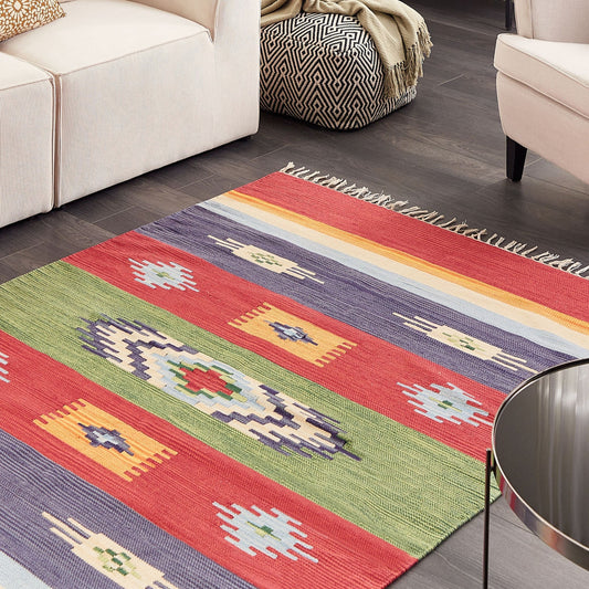 Kilim Handwoven Cotton Area Rug Multicolor 140 x 200cm Reversible Flat Weave Geometric Tassels Boho Living Room