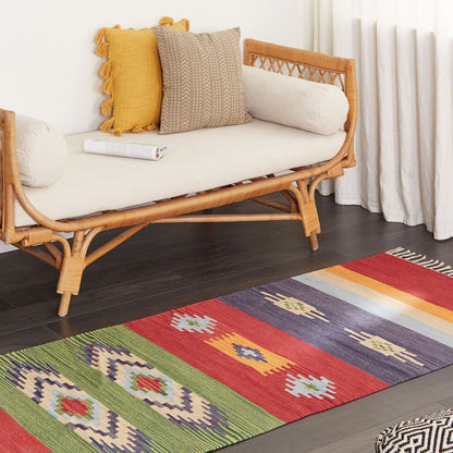 Kilim Handwoven Multicolour Area Rug 80 x 300cm Reversible Tassels