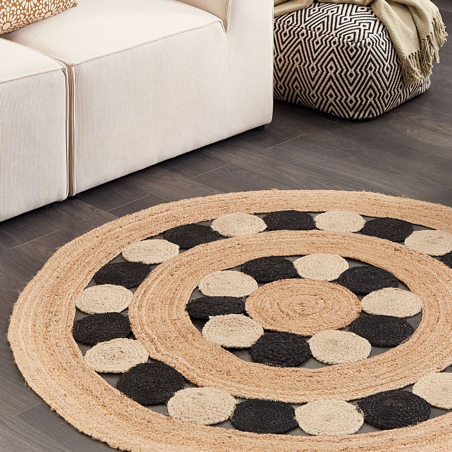 Natura Home Boho Round Jute Area Rug Beige And Black 140cm