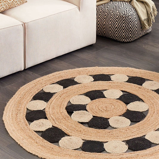 Natura Home Boho Round Jute Area Rug Beige And Black 140cm