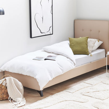Bed Frame Beige Upholstery 90 x 200cm EU Single Tufted Headboard Rubberwood Legs Slatted Modern Design