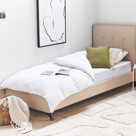 Bed Frame Beige Upholstery 90 x 200cm EU Single Tufted Headboard Rubberwood Legs Slatted Modern Design