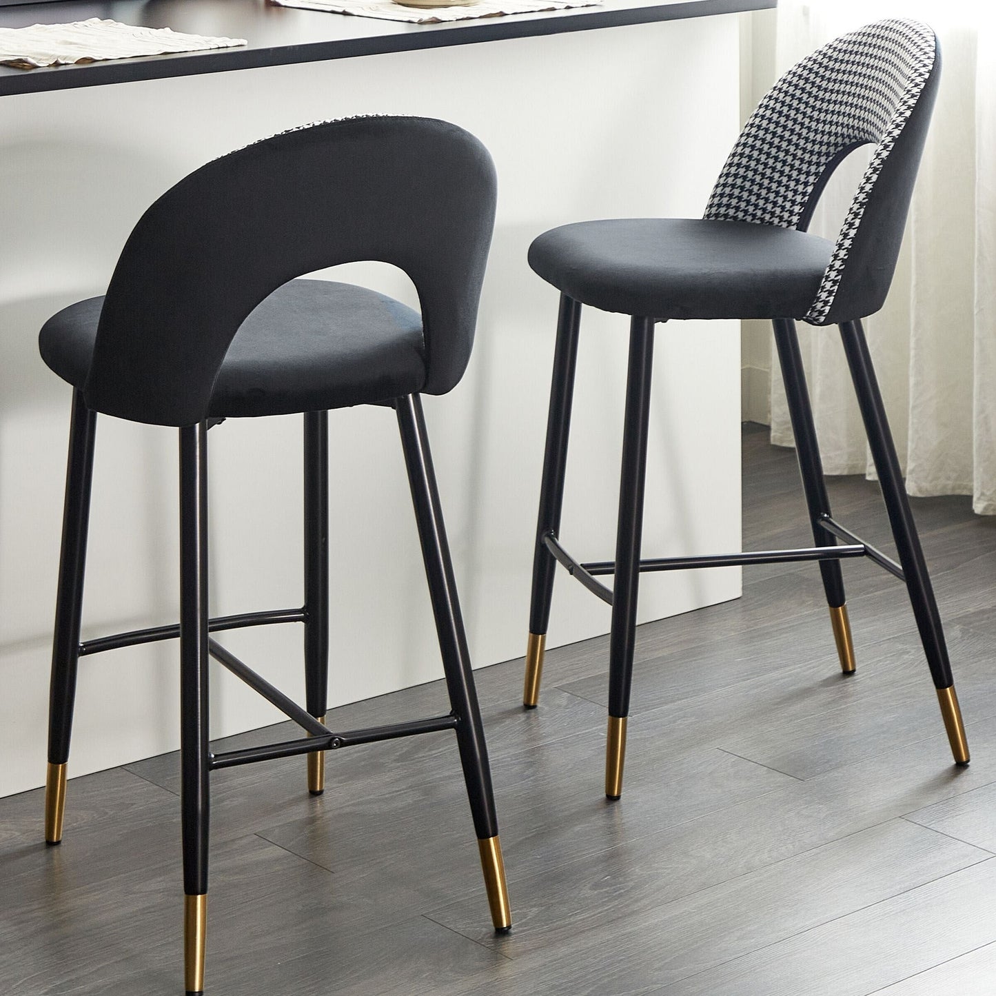 Velvet Steel Bar Chairs Set of 2 Black White with Gold Ends