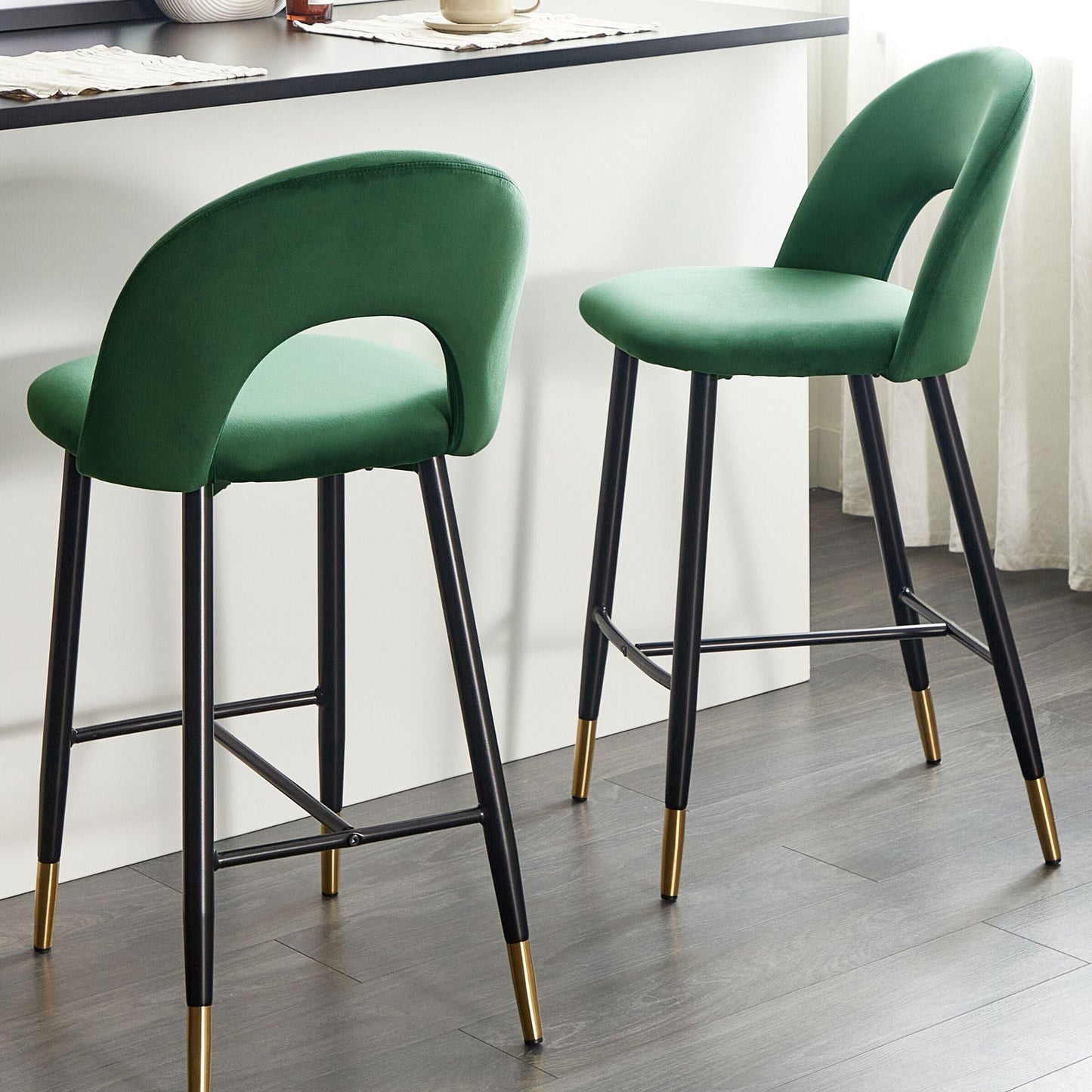 Emerald Green Velvet Bar Chairs Set Of 2 Black Steel With Gold Ends