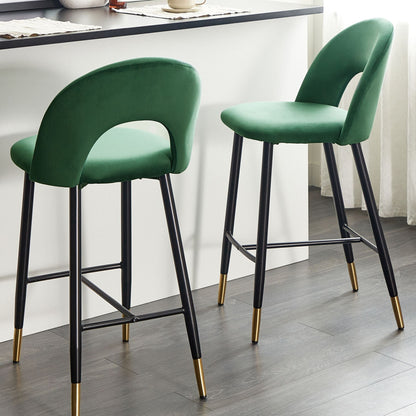 Emerald Green Velvet Bar Chairs Set Of 2 Black Steel With Gold Ends