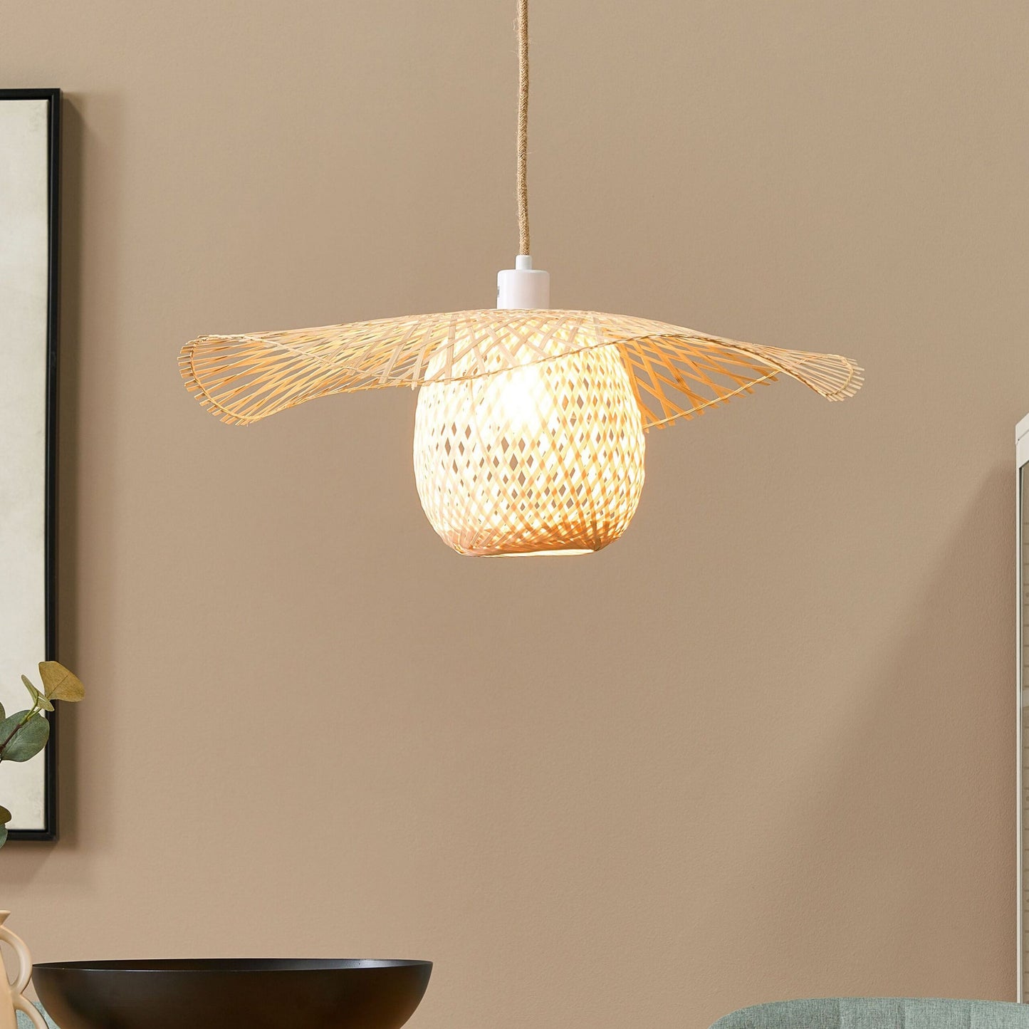 Bamboo Pendant Lamp With Wicker Shade Boho Wood Design For Modern Living Room