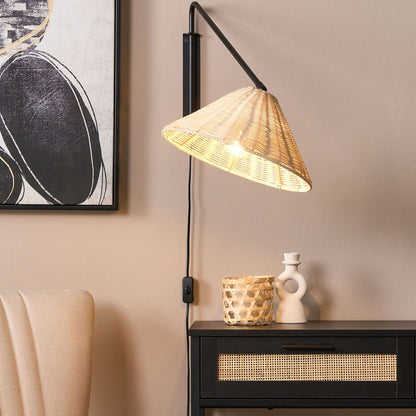 Wall Lamp Natural Rattan 33cm Cone Shade Adjustable Arm Boho Rustic Bedside Light