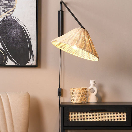 Wall Lamp Natural Rattan 33cm Cone Shade Adjustable Arm Boho Rustic Bedside Light