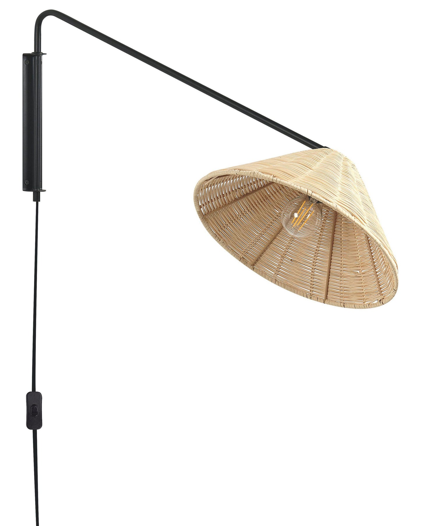 Wall Lamp Natural Rattan 33cm Cone Shade Adjustable Arm Boho Rustic Bedside Light