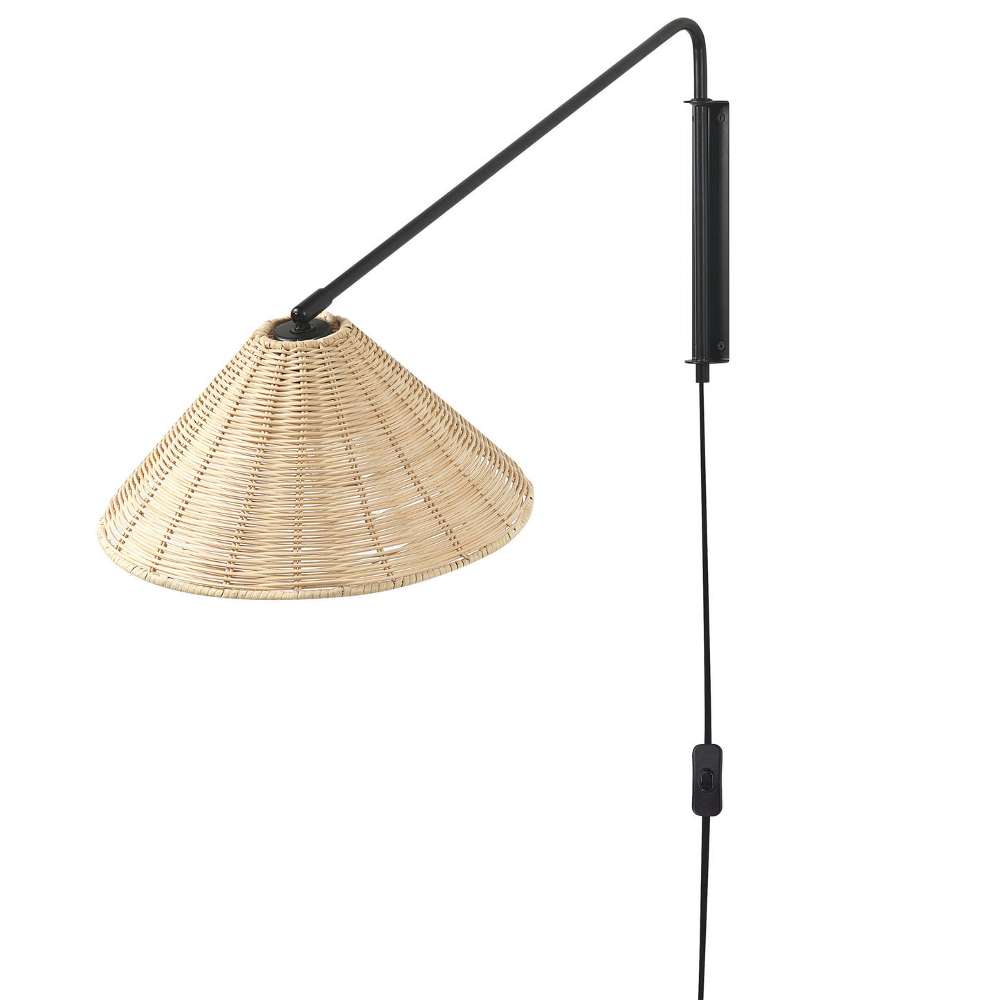 Wall Lamp Natural Rattan 33cm Cone Shade Adjustable Arm Boho Rustic Bedside Light