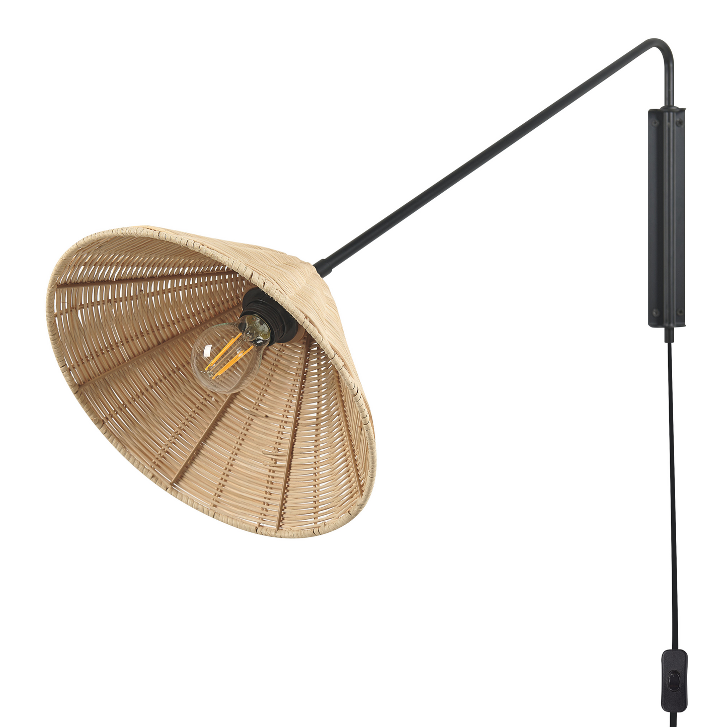 Wall Lamp Natural Rattan 33cm Cone Shade Adjustable Arm Boho Rustic Bedside Light