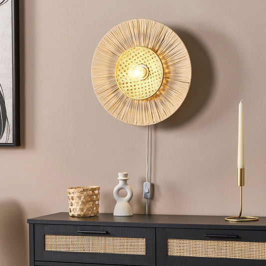 Wall Lamp Japandi Natural Paper Shade With Rattan Accent