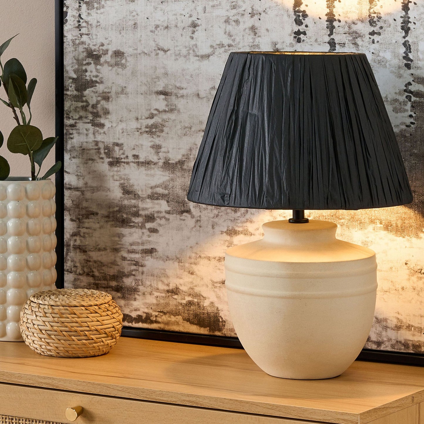 Name Beige Ceramic Table Lamp 44cm With Black Paper Cone Shade