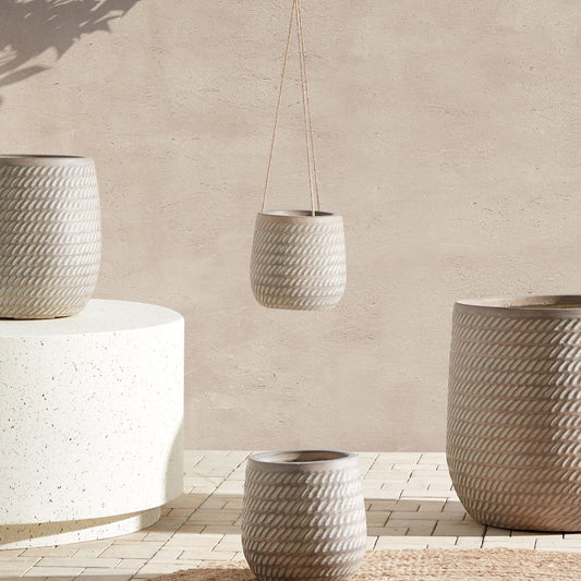 Fibre Clay Plant Pot 19cm Beige Taupe Embossed