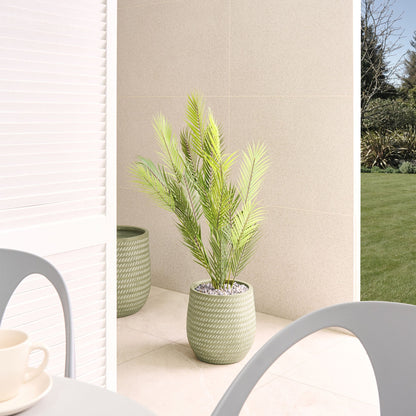Green Plant Pot 27cm Round Fibre Clay Embossed Pattern