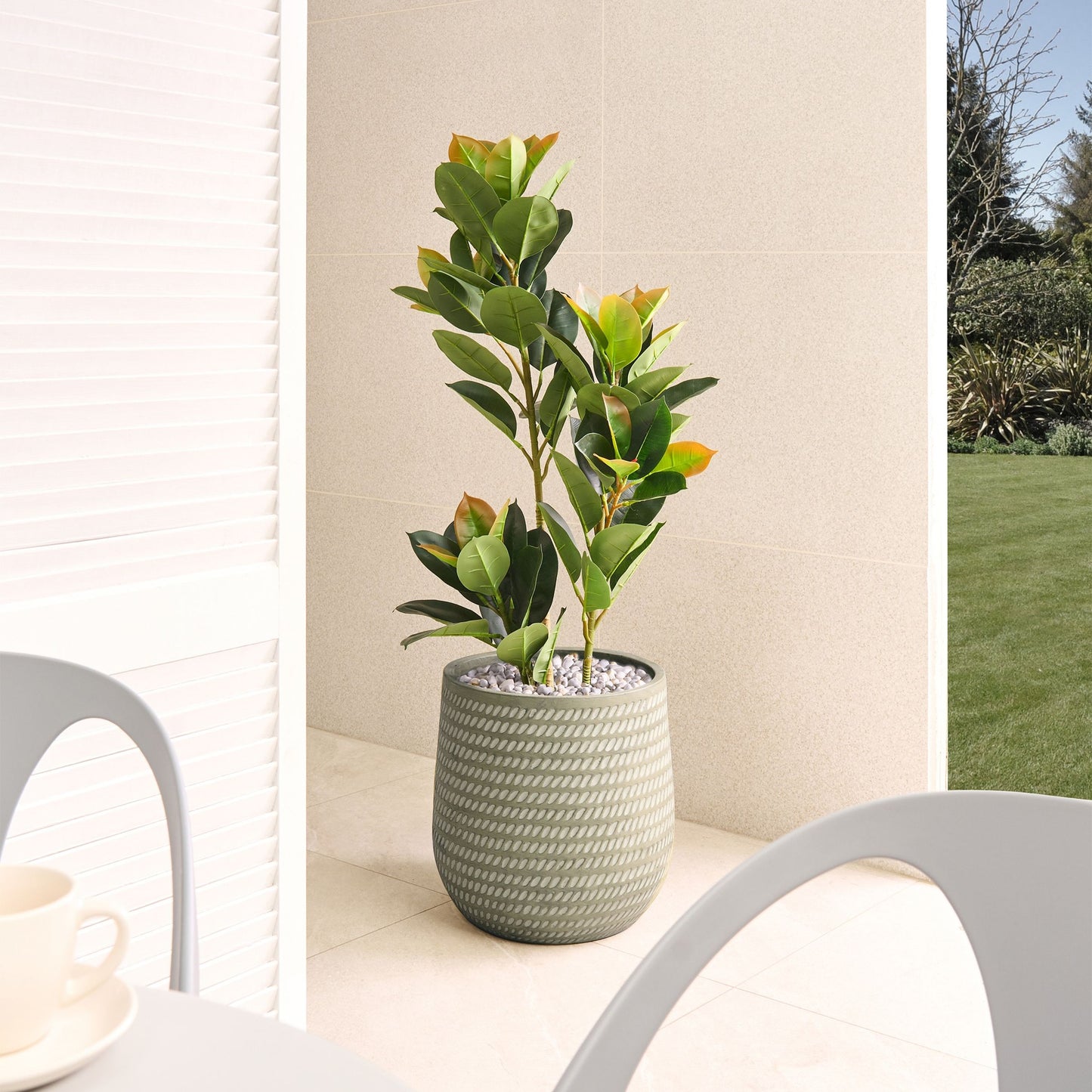 Green Fibre Clay Plant Pot 39cm Round Outdoor With Embossed Pattern Durable