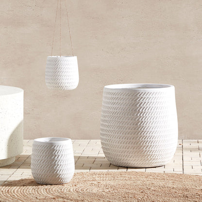 Off White Fibre Clay 39cm Embossed Round Plant Pot