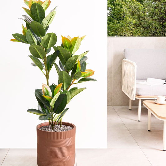Fibre Clay Plant Pot 31cm Brown Embossed Stripe Round Outdoor Flower Pot