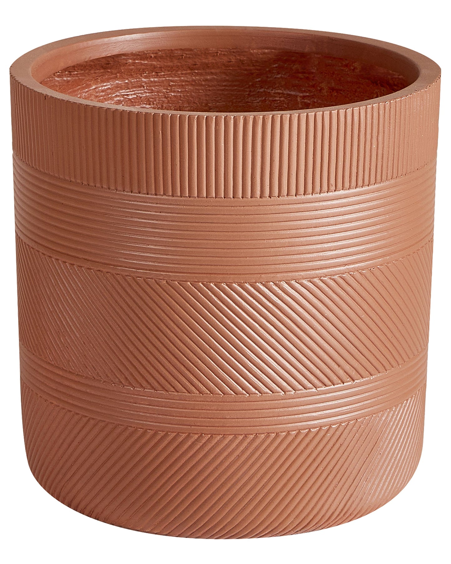 Fibre Clay Plant Pot 31cm Brown Embossed Stripe Round Outdoor Flower Pot