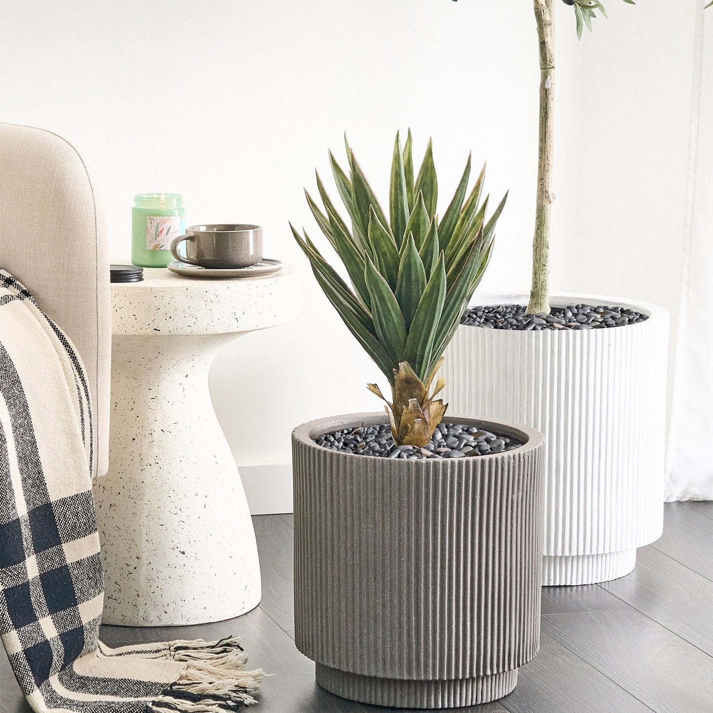 Taupe Fibre Clay Flower Planter 30cm Square Garden Pot With Drainage Holes Vertical Rib Finish Outdoor Patio