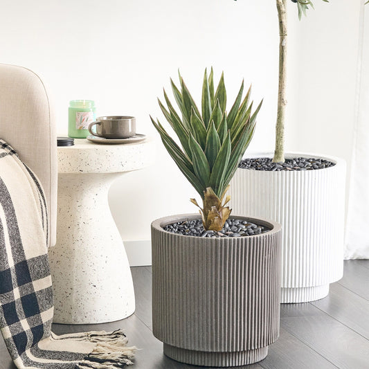 Taupe Fibre Clay Flower Planter 30cm Square Garden Pot With Drainage Holes Vertical Rib Finish Outdoor Patio