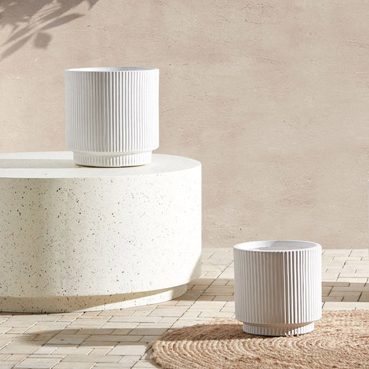 White Fibre Clay Flower Planter 24cm Square Pot Drainage Hole Vertical Rib Finish