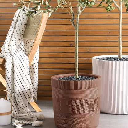 Golden Brown Fibre Clay Plant Pot 40cm Round Outdoor With Embossed Pattern