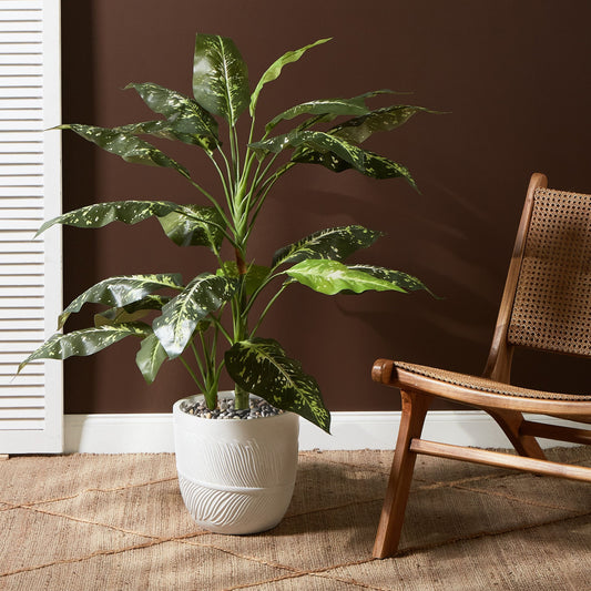UC White Clay Fibre Plant Pot 28cm Round Leaf Motif