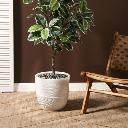 UC White Clay Fibre Plant Pot 35cm Round Planter With Leaf Motif