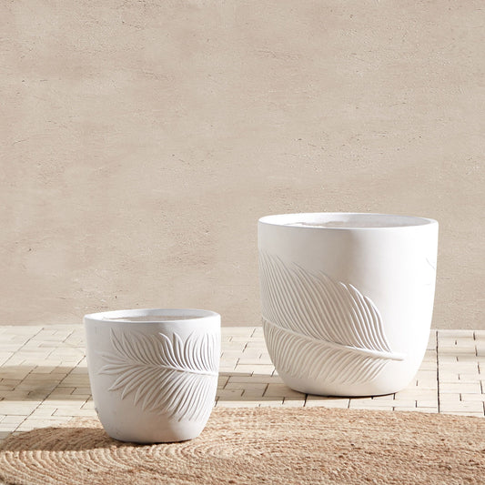 UC Round Clay Fibre Plant Pot 42cm White Leaf Motif Planter