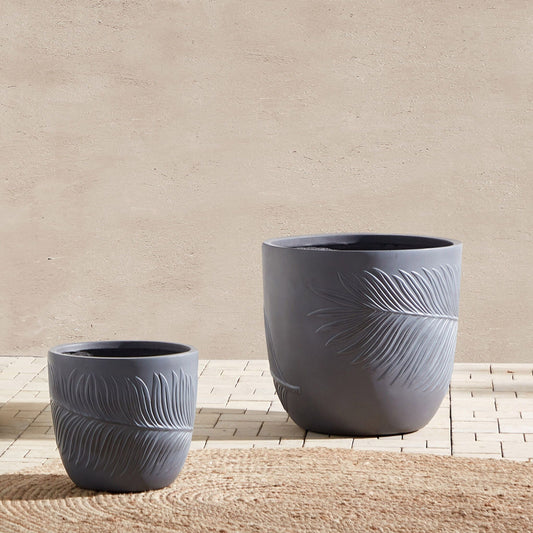 Clay Fibre Plant Pot Grey 42cm Round Leaf Motif Planter
