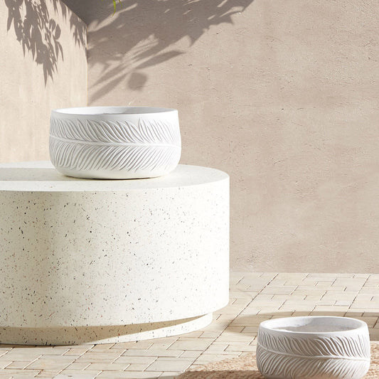 Outdoor Plant Pot White Clay Fibre Planter 35 x 35 x 19cm Round Leaf Motif Durable