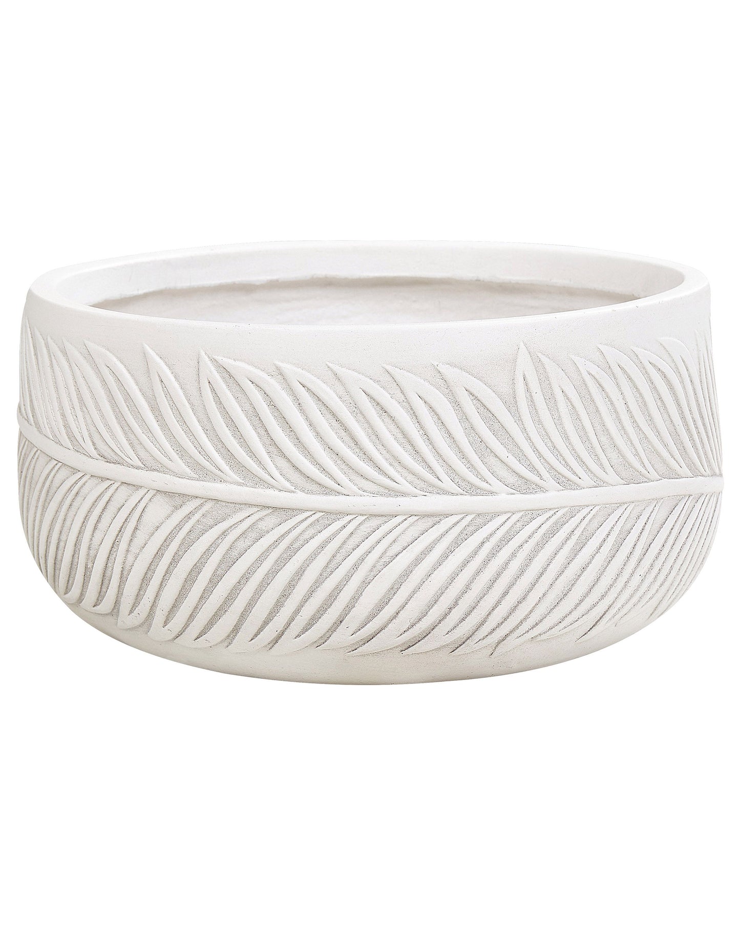 Outdoor Plant Pot White Clay Fibre Planter 35 x 35 x 19cm Round Leaf Motif Durable