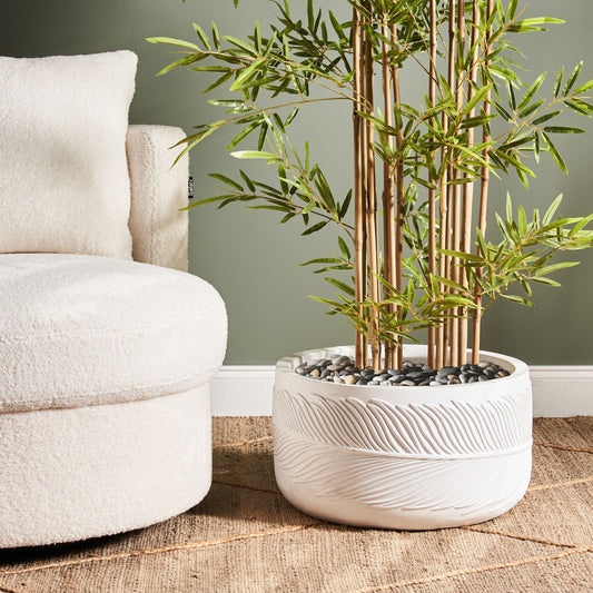 Outdoor White Clay Fibre Plant Pot 43cm With Leaf Motif