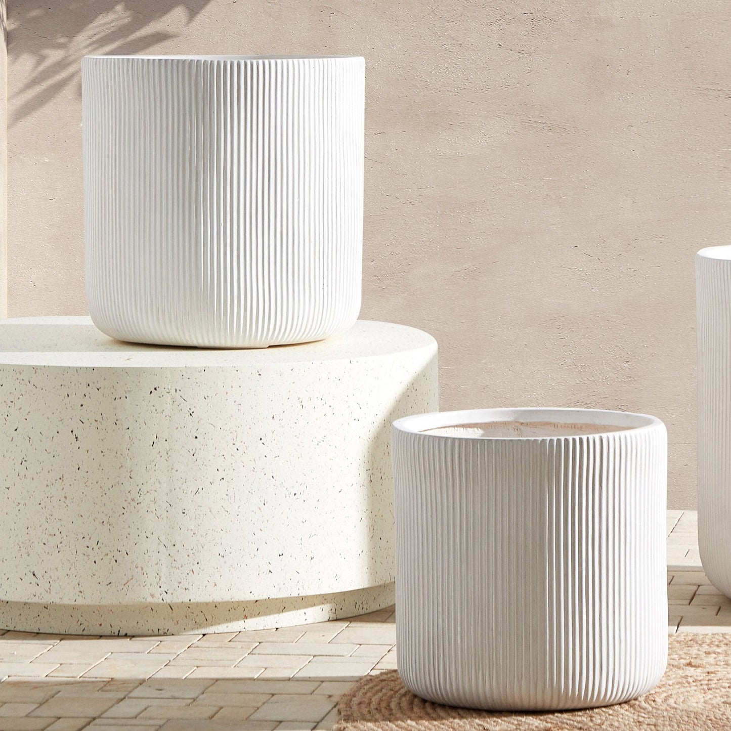 White 37cm Outdoor Plant Pot Ribbed Round UV Resistant