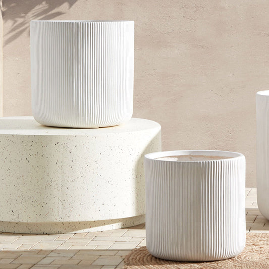 White Outdoor Plant Pot 45cm Clay Fibre Uv Ribbed