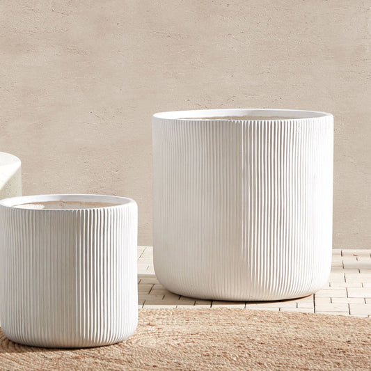 White Clay Fibre Outdoor Plant Pot 55cm Ribbed Planter